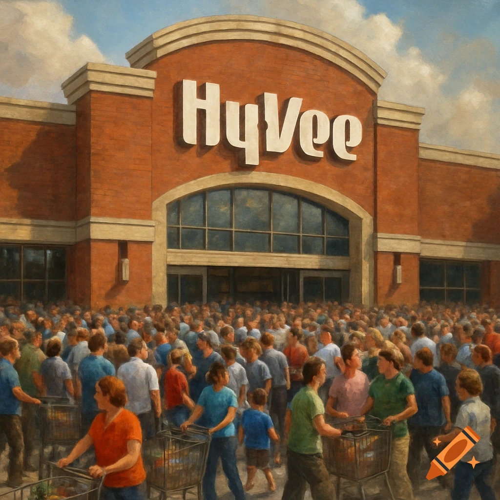 A large crowd of people gathers outside a Hy-Vee grocery store, rendered in a painterly style.