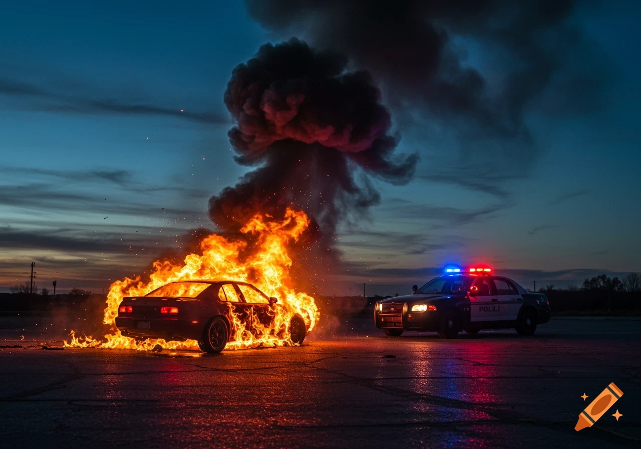 A dark sedan car is engulfed in bright orange flames and smoke, with a police car parked nearby, its red and blue lights flashing against a dark blue evening sky.