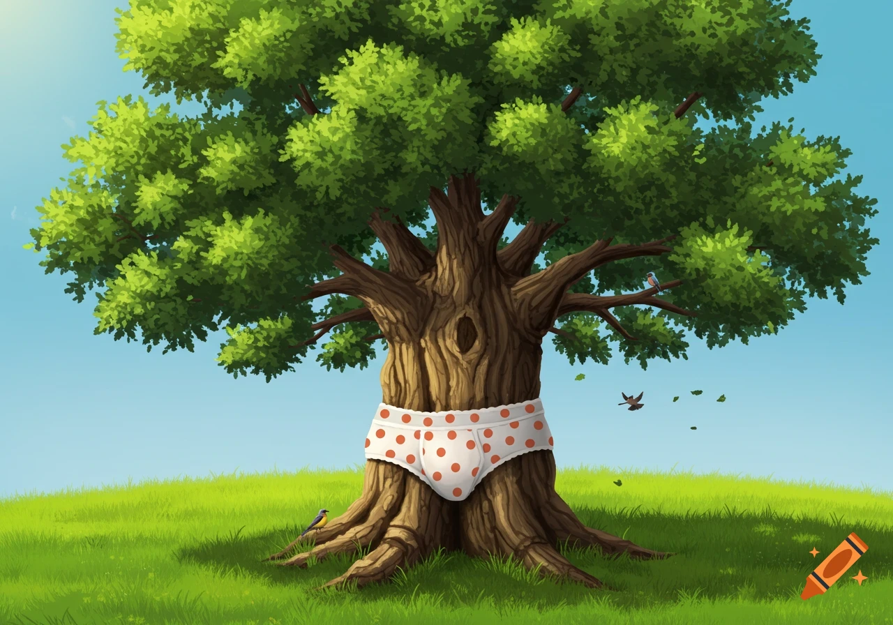 A cartoon tree wearing white polka dot underwear stands on a green grassy hill under a blue sky.