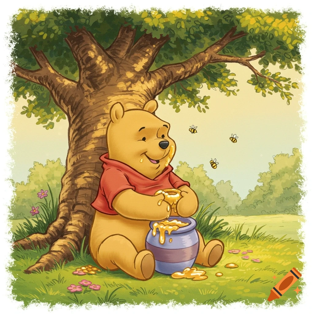 Winnie the Pooh sits under a tree, happily eating honey from a pot while bees fly nearby in a vibrant illustration.