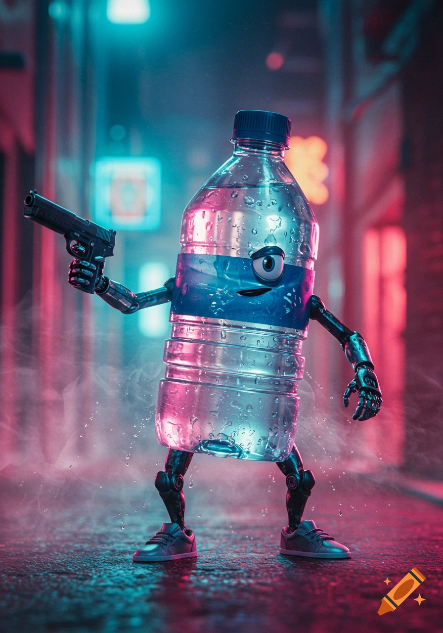 An anthropomorphic water bottle with robotic limbs holds a gun in a neon-lit cyberpunk alley.