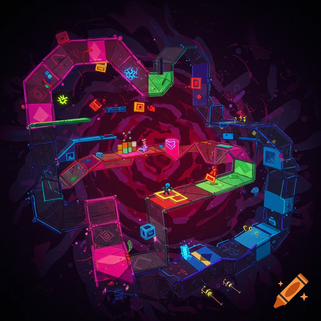 Isometric view of a vibrant, abstract video game platformer level with neon pink, green, and blue paths over a dark, swirling background.
