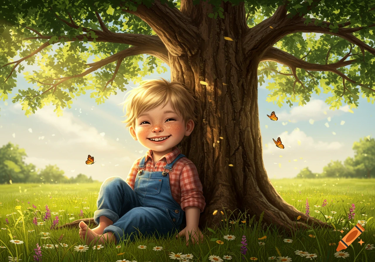 A happy blonde boy with freckles and a wide smile sits under a large tree in a sunny meadow with butterflies and wildflowers in an illustrated style.