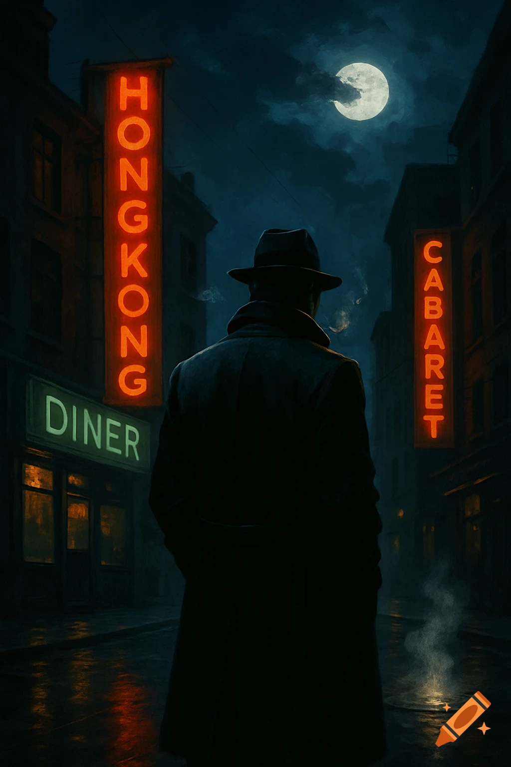A lone detective in a hat and coat stands in a dark, rainy alley under a full moon, with neon signs for 'Hongkong', 'Diner', and 'Cabaret'.