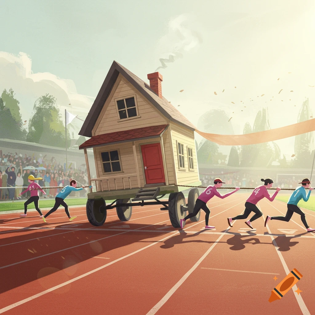 Stylized illustration of people pulling a small house on wheels across a finish line on a race track.