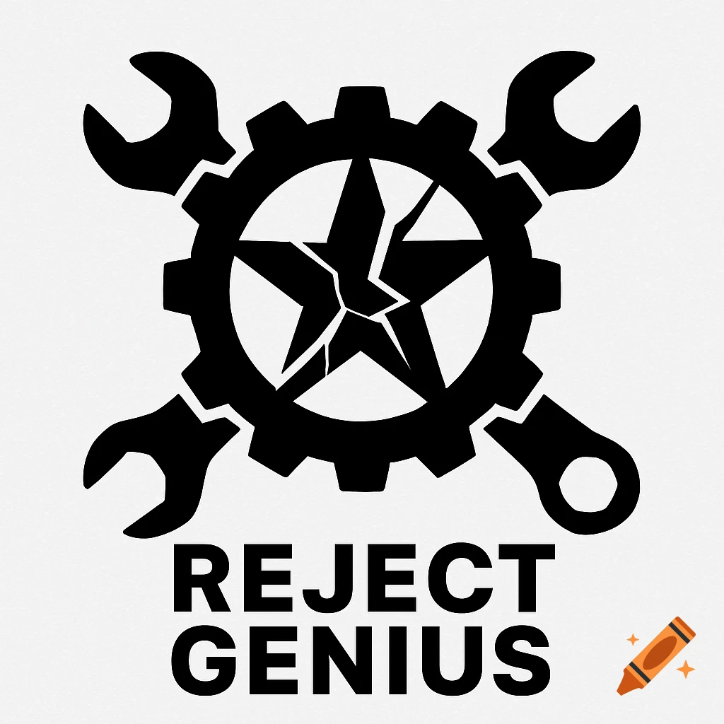 Black and white minimalist industrial logo with crossed wrenches, a gear, a shattered star, and the text 'REJECT GENIUS'.