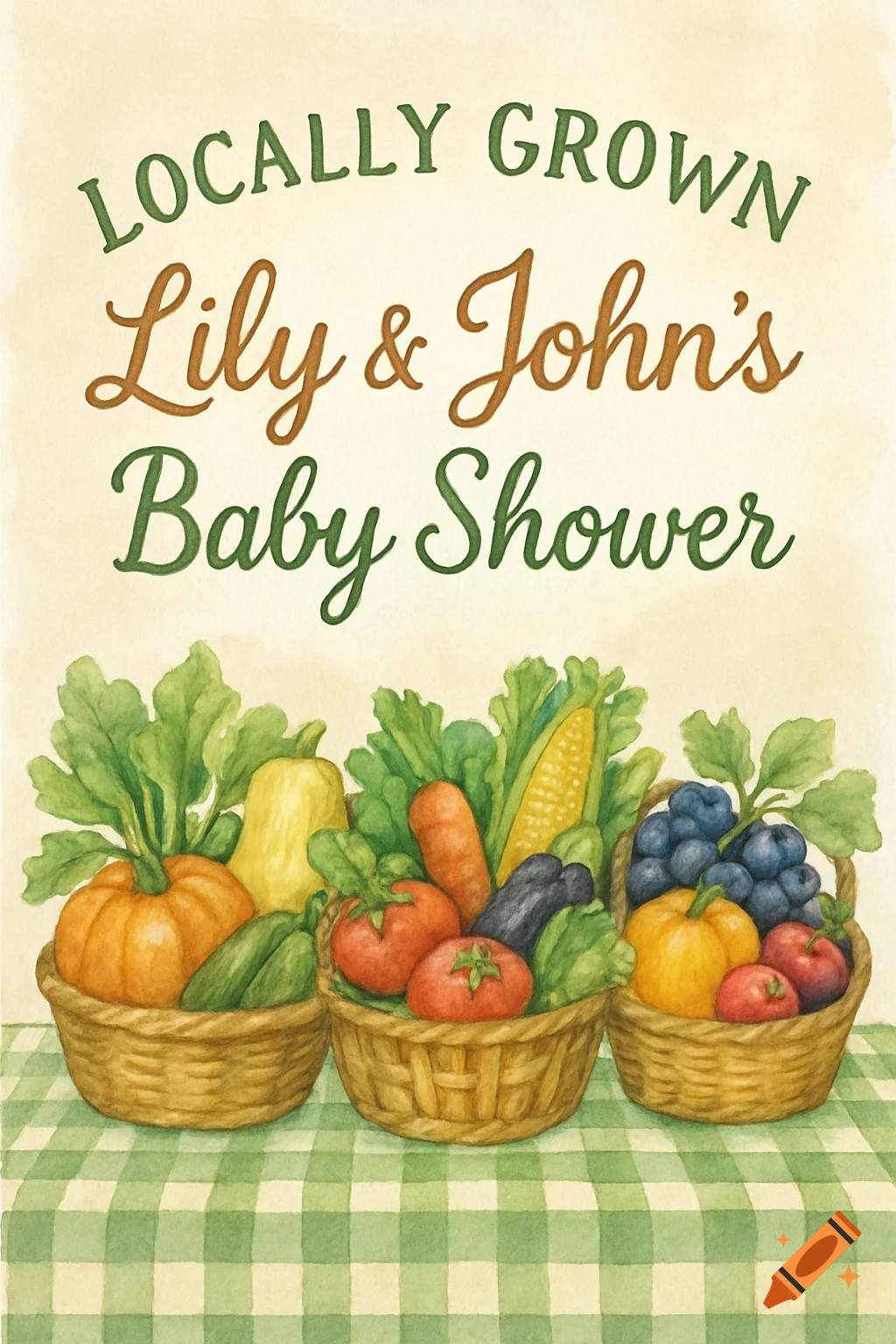 Watercolor baby shower sign with 'Locally Grown Lily & John's Baby Shower' text and baskets of fresh produce on a checkered tablecloth.