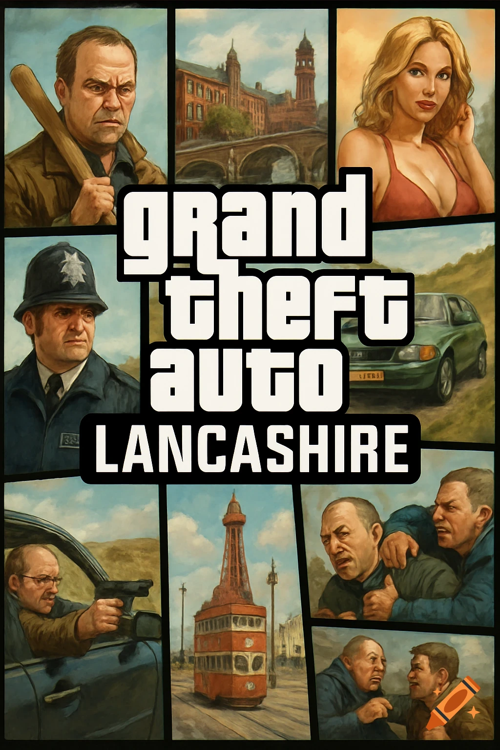 Grand Theft Auto Lancashire game cover art with multiple panels featuring characters, police, car chase, and Blackpool Tower.