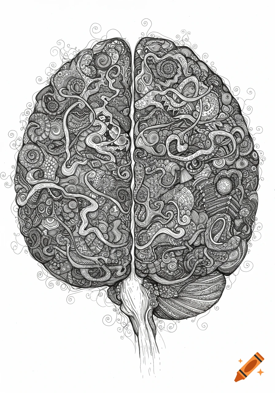 An intricate black and white line drawing depicting a human brain filled with complex, swirling patterns and abstract designs.