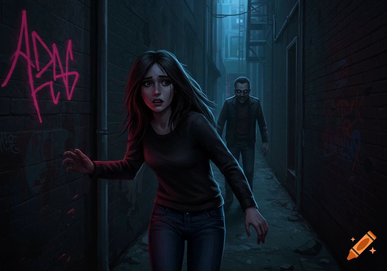 A terrified woman in a dark alley with pink graffiti on the wall, being stalked by a man with glowing eyes.