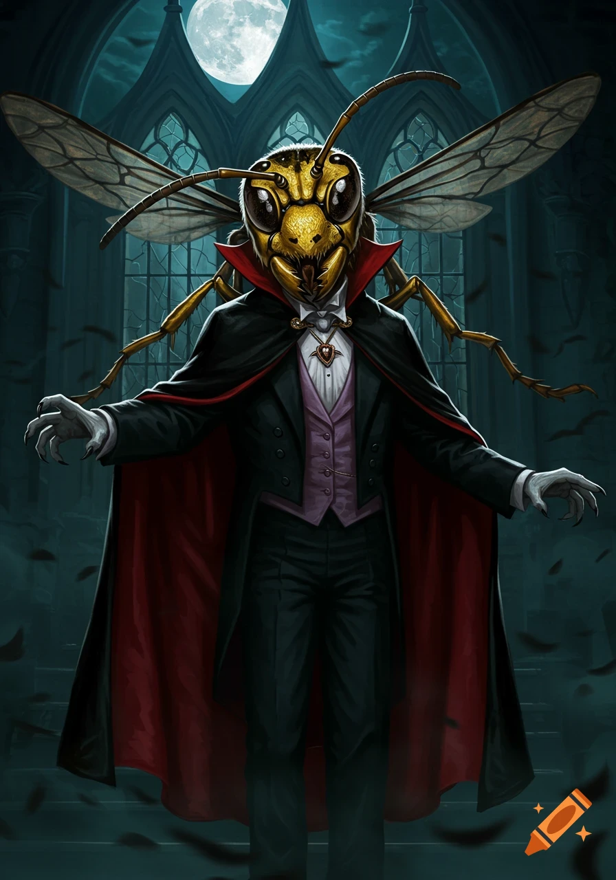 A wasp-headed vampire in a black suit and red-lined cape stands in a gothic cathedral under a full moon, with bats flying.