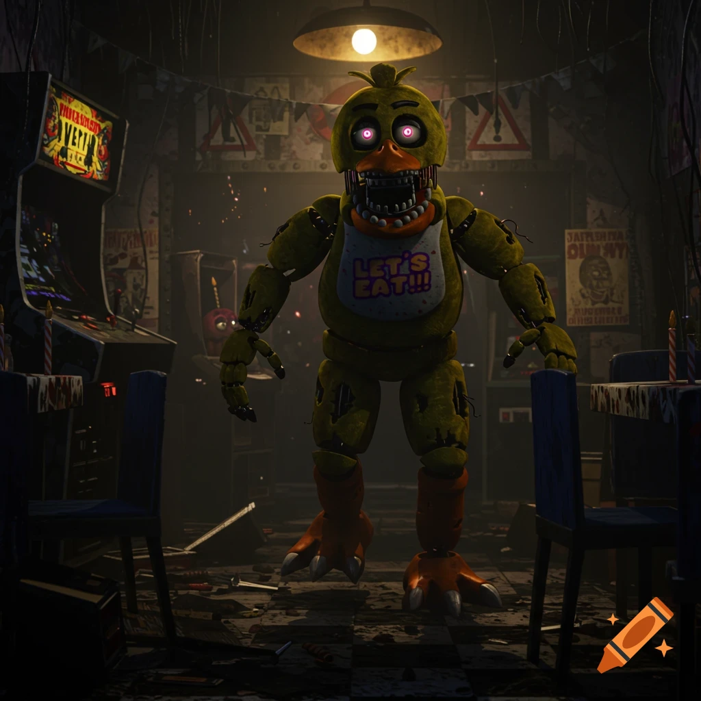A horror-themed image of Chica, a yellow animatronic chicken with glowing pink eyes and a bib that says "LET'S EAT!!!", standing in a dark, dilapidated pizzeria with arcade machines.