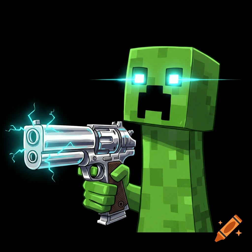 A green pixelated Minecraft Creeper with glowing eyes holds a silver revolver with lightning bolts.
