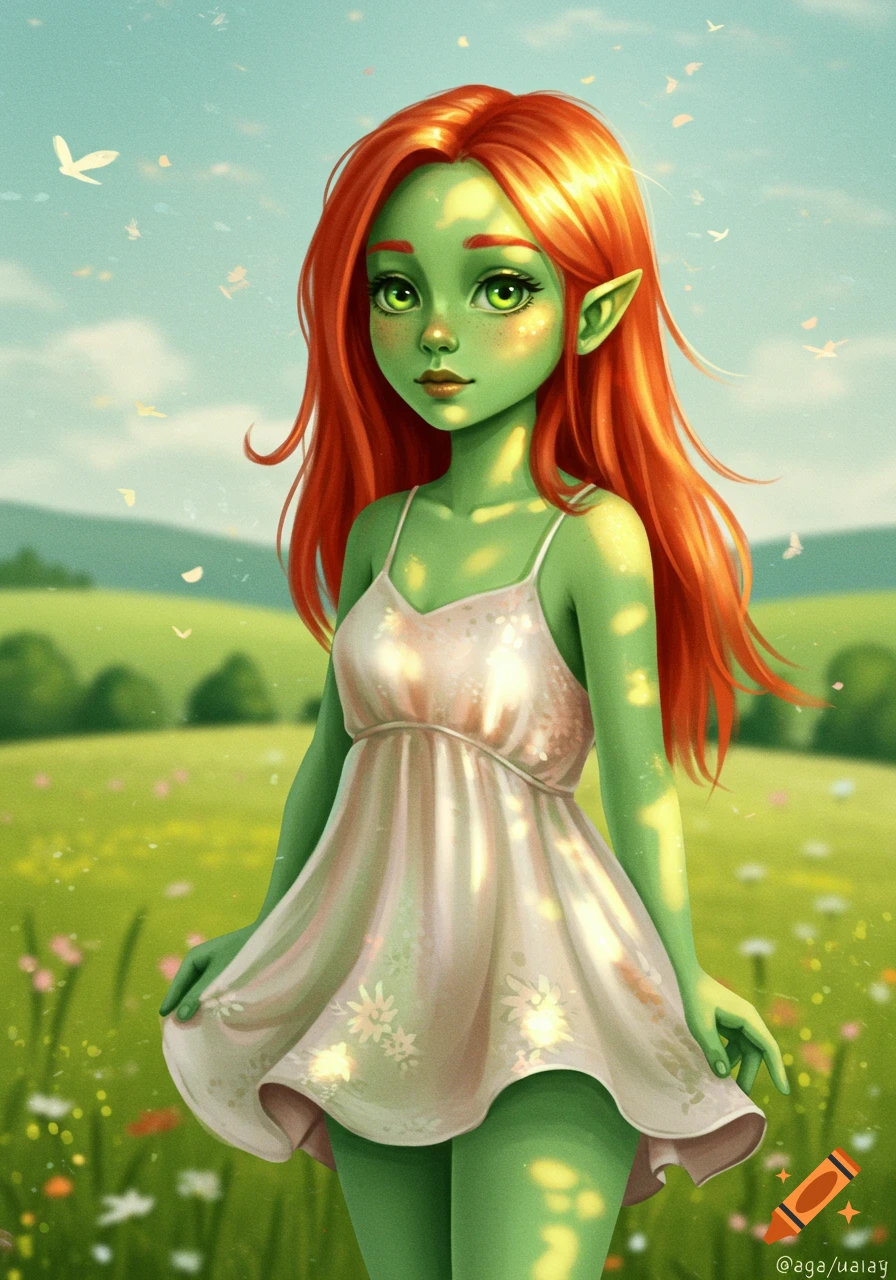 A green-skinned girl with red hair and pointed ears wearing a white sundress stands in a sunlit field.