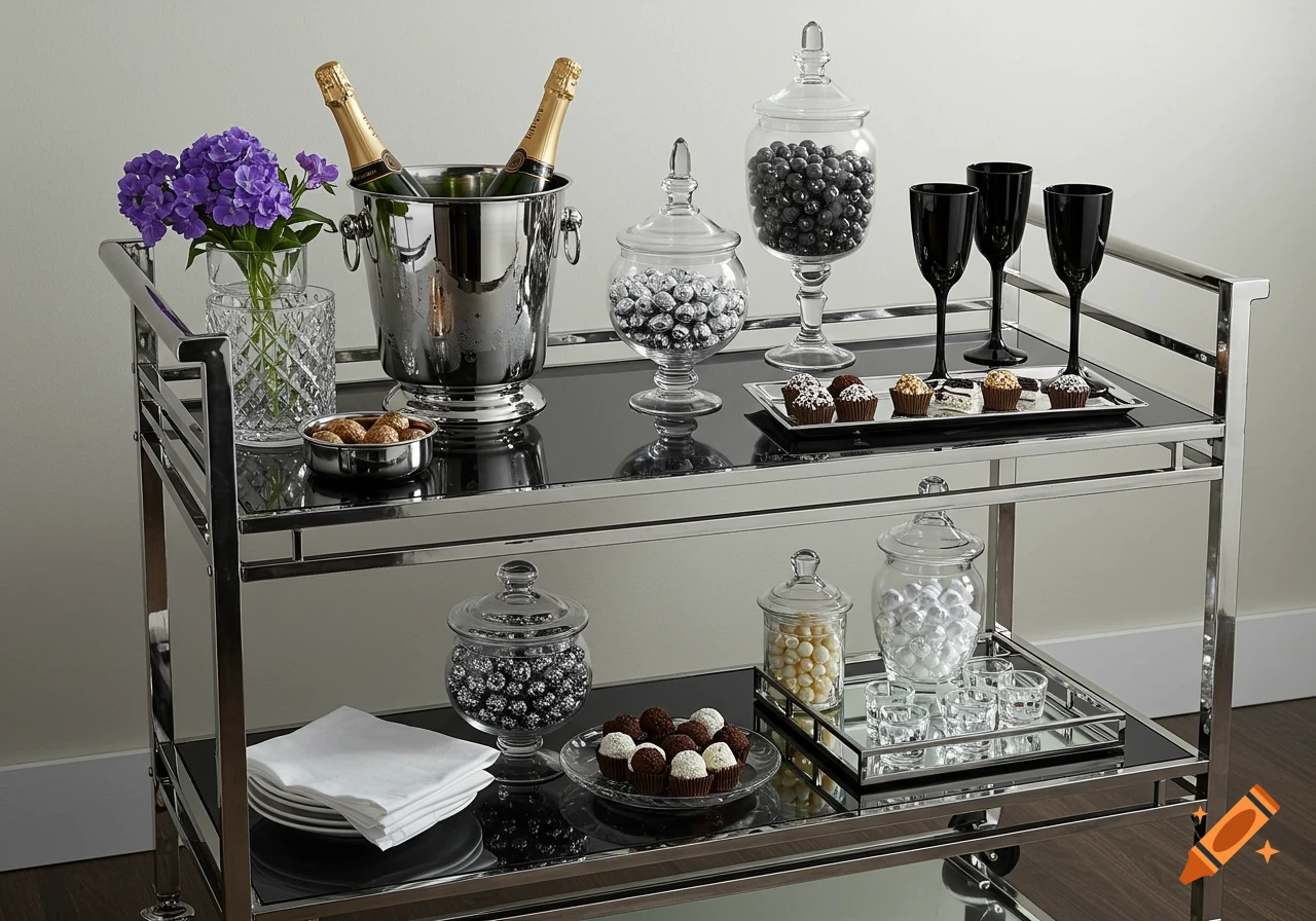 An elegant modern glam service cart with champagne, candies, and black glasses, accented with purple flowers and white napkins.