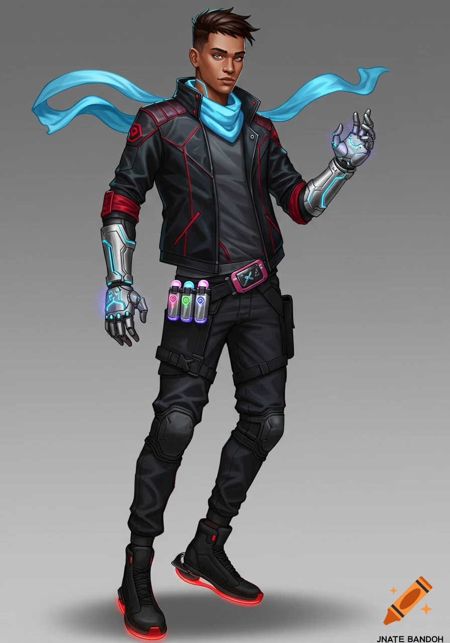 Full-body illustration of a male character in a futuristic black jacket, blue scarf, cybernetic gloves, and glowing shoes.