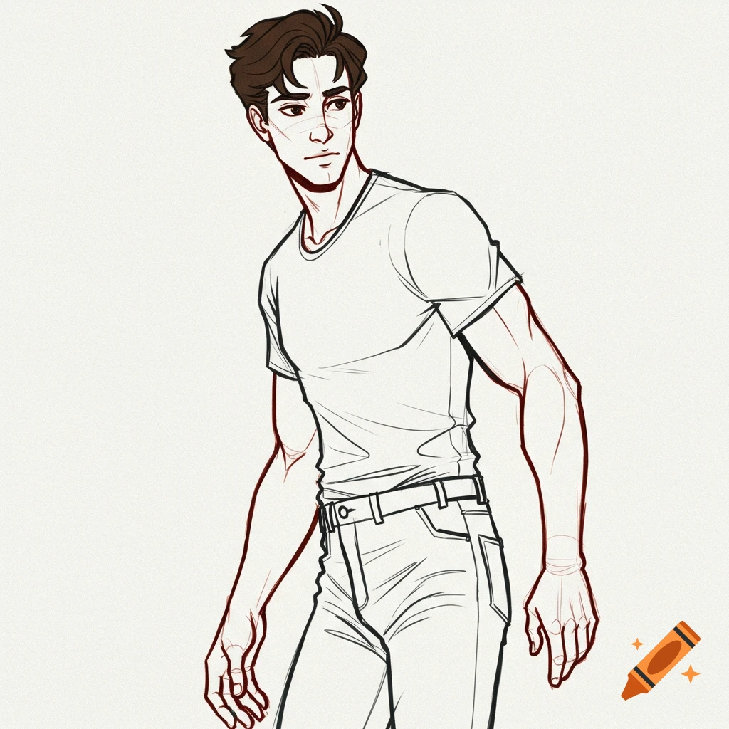Line art drawing of a young man with brown hair, wearing a t-shirt and jeans, looking over his shoulder.