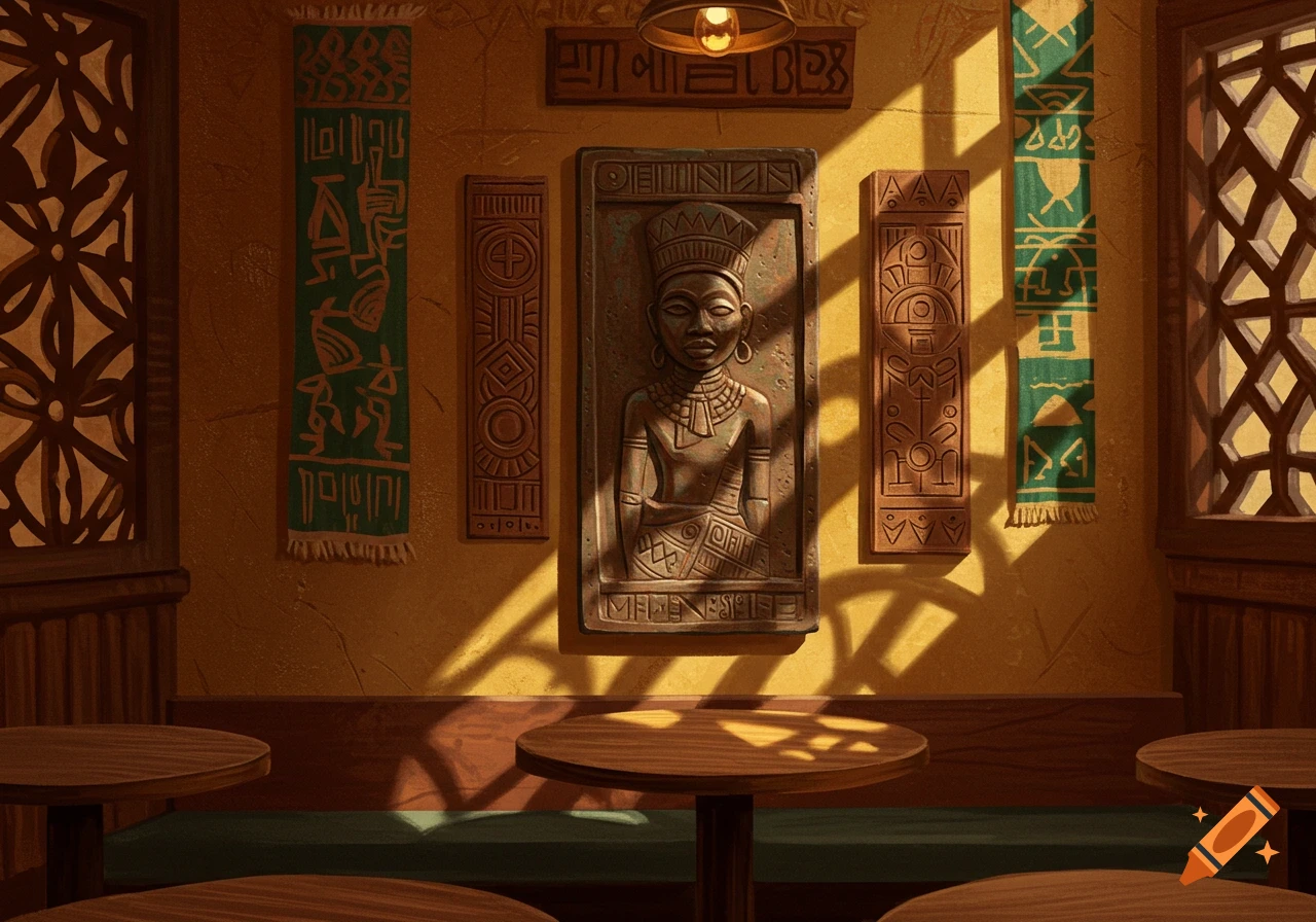 A warm, sunlit coffee shop interior featuring textured beige walls adorned with an intricate, darker-toned tribal carving and various green and brown banners with stylized patterns, above wooden tables and benches.