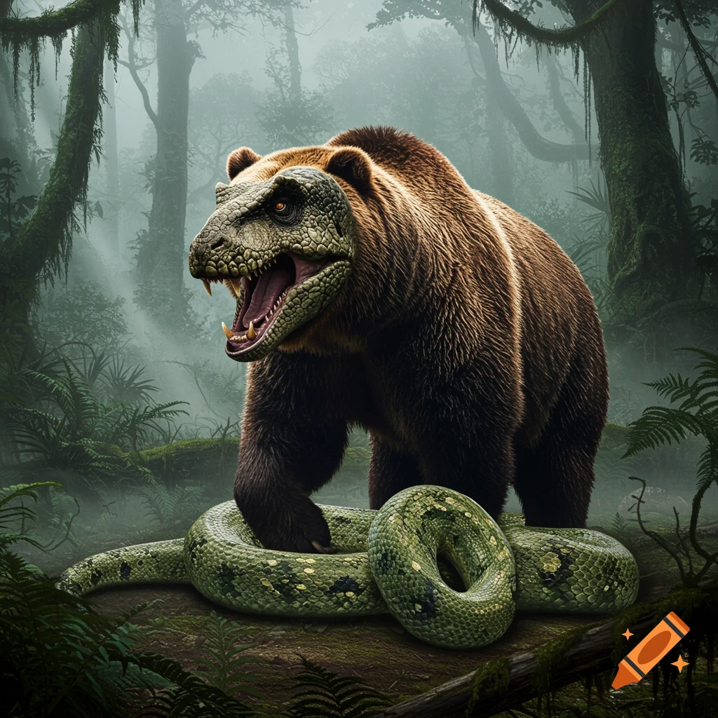 A brown bear with an allosaurus head stands roaring on a large green snake in a misty jungle.