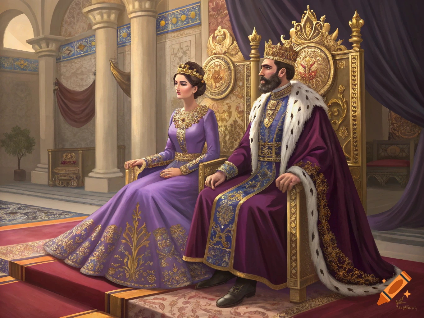 A king with a beard and a queen in purple gowns sit on golden thrones in a grand palace.