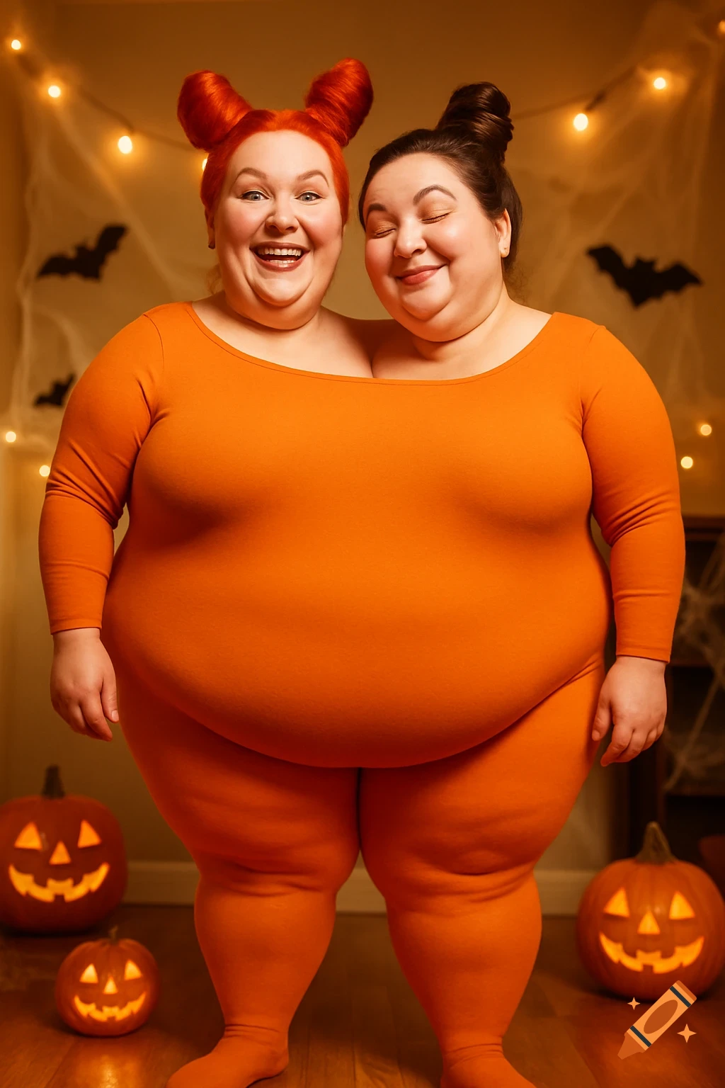 Two women in an orange conjoined costume pose in a Halloween-decorated room with jack-o'-lanterns and bat cutouts.