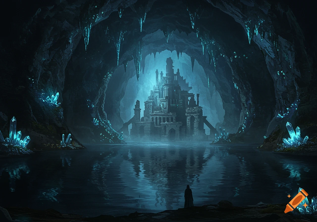 A dark, blue-lit cave with glowing crystals and a mysterious ancient castle reflected in a still lake, with a lone figure on the shore.