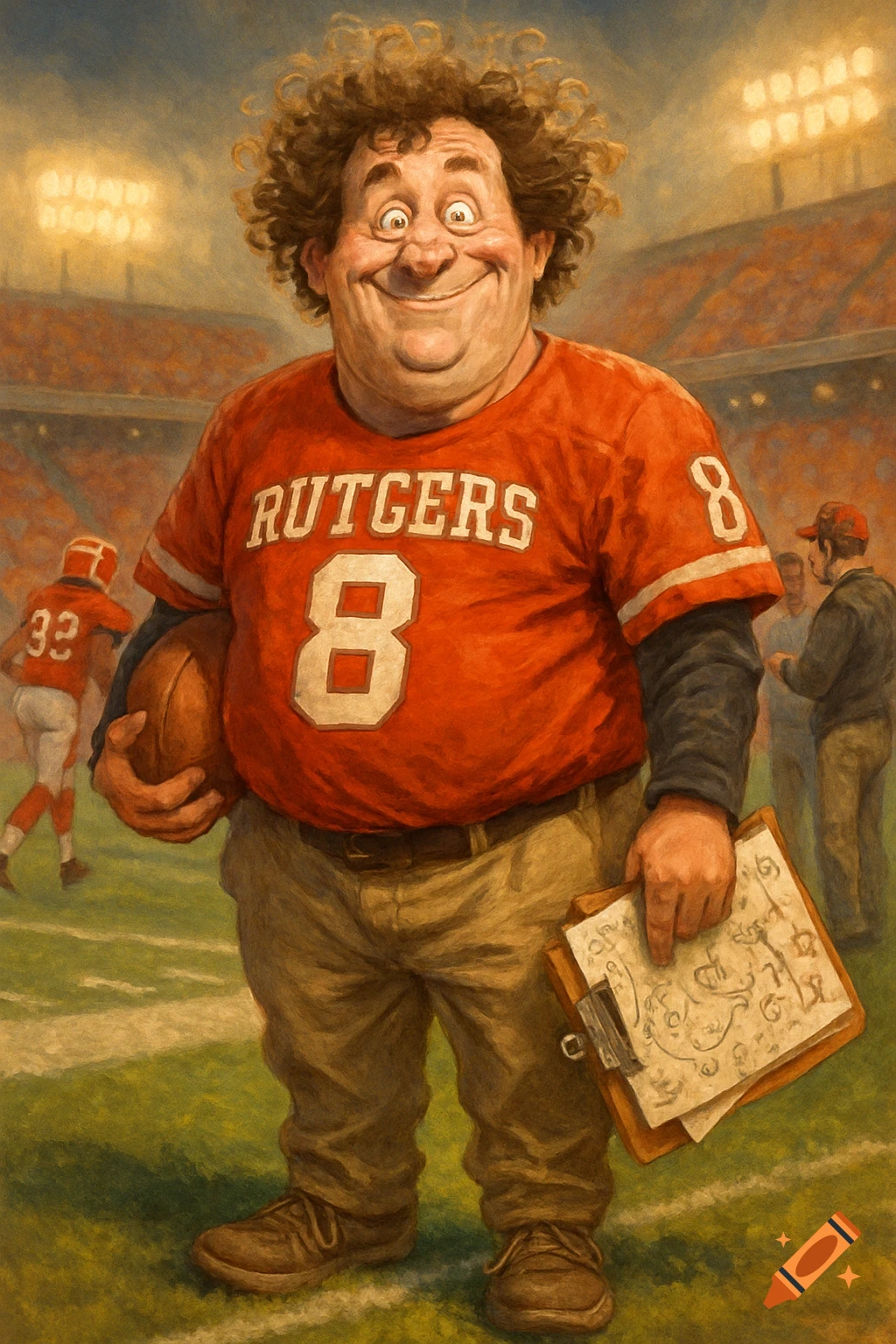 A caricature of a smiling, curly-haired football coach holding a ball and a clipboard on a field.