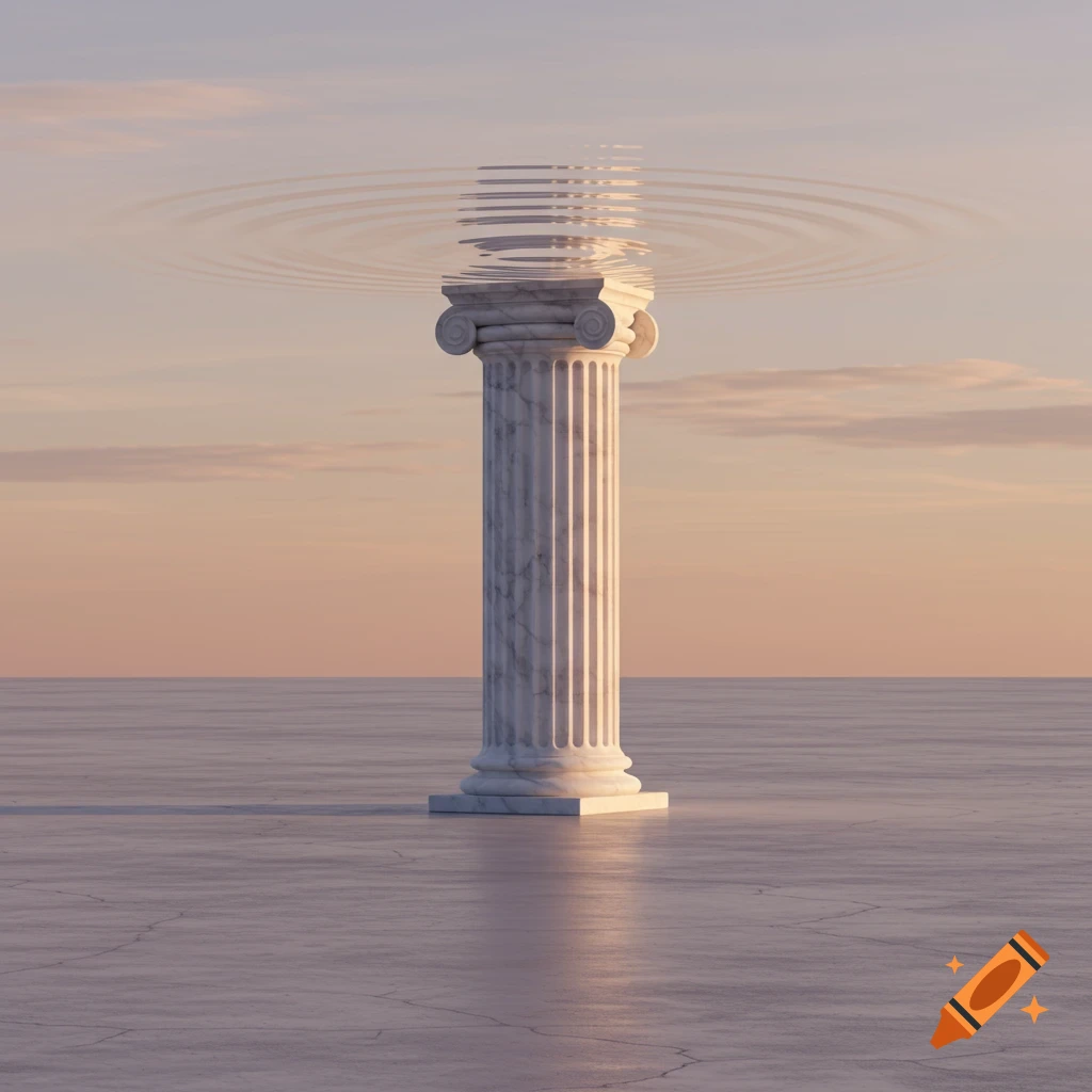 A white marble fluted column stands on a vast concrete plane with water ripples above its capital under a pale sky.