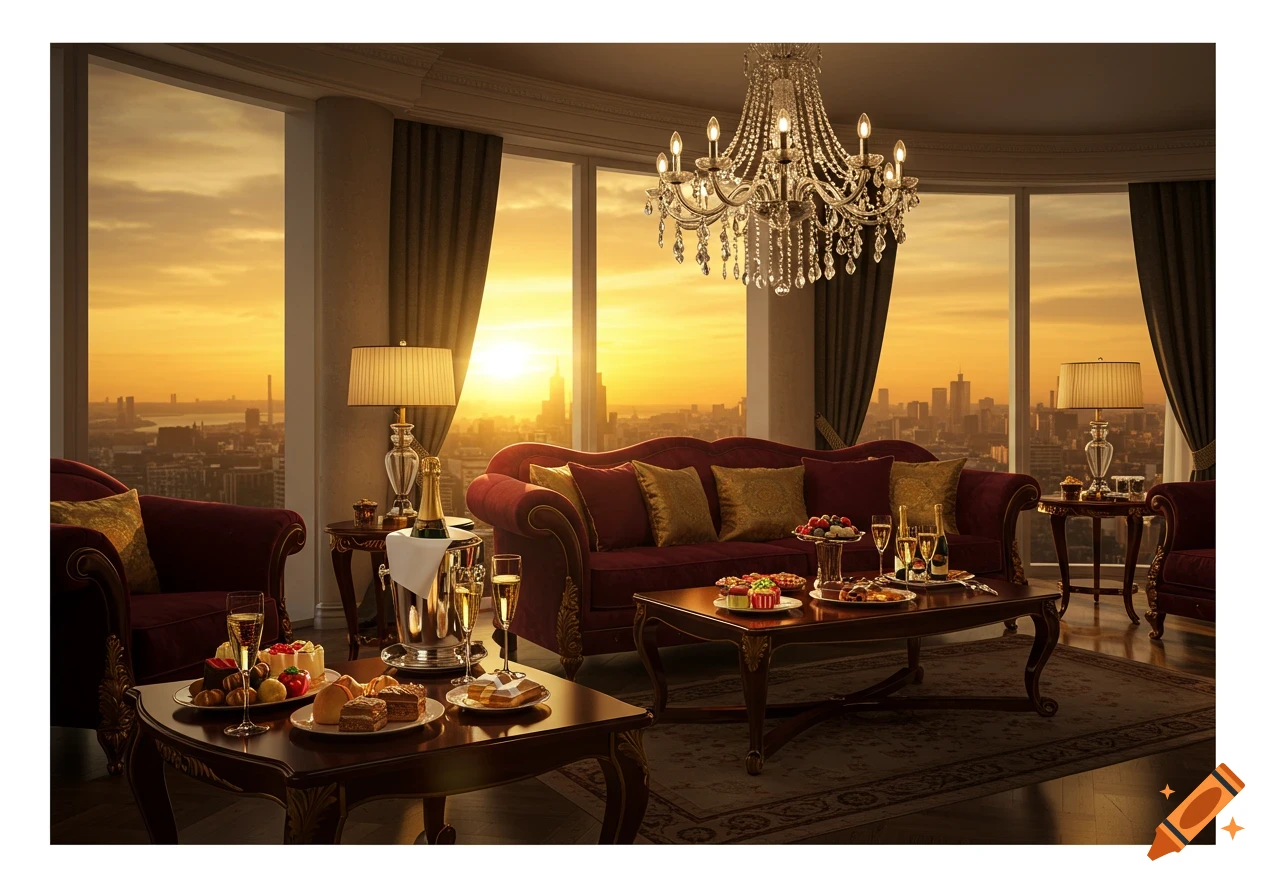 A luxurious living room with red velvet furniture, a crystal chandelier, and tables with champagne and desserts, overlooking a city skyline at sunset.