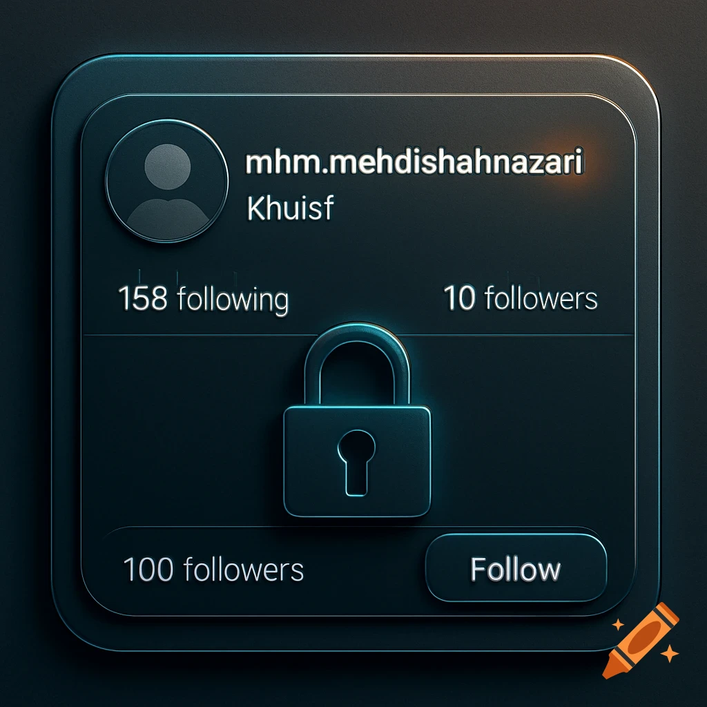 A stylized dark blue social media profile interface with an anonymous user icon, showing a username, bio, follower/following counts, a lock icon, and a 'Follow' button.