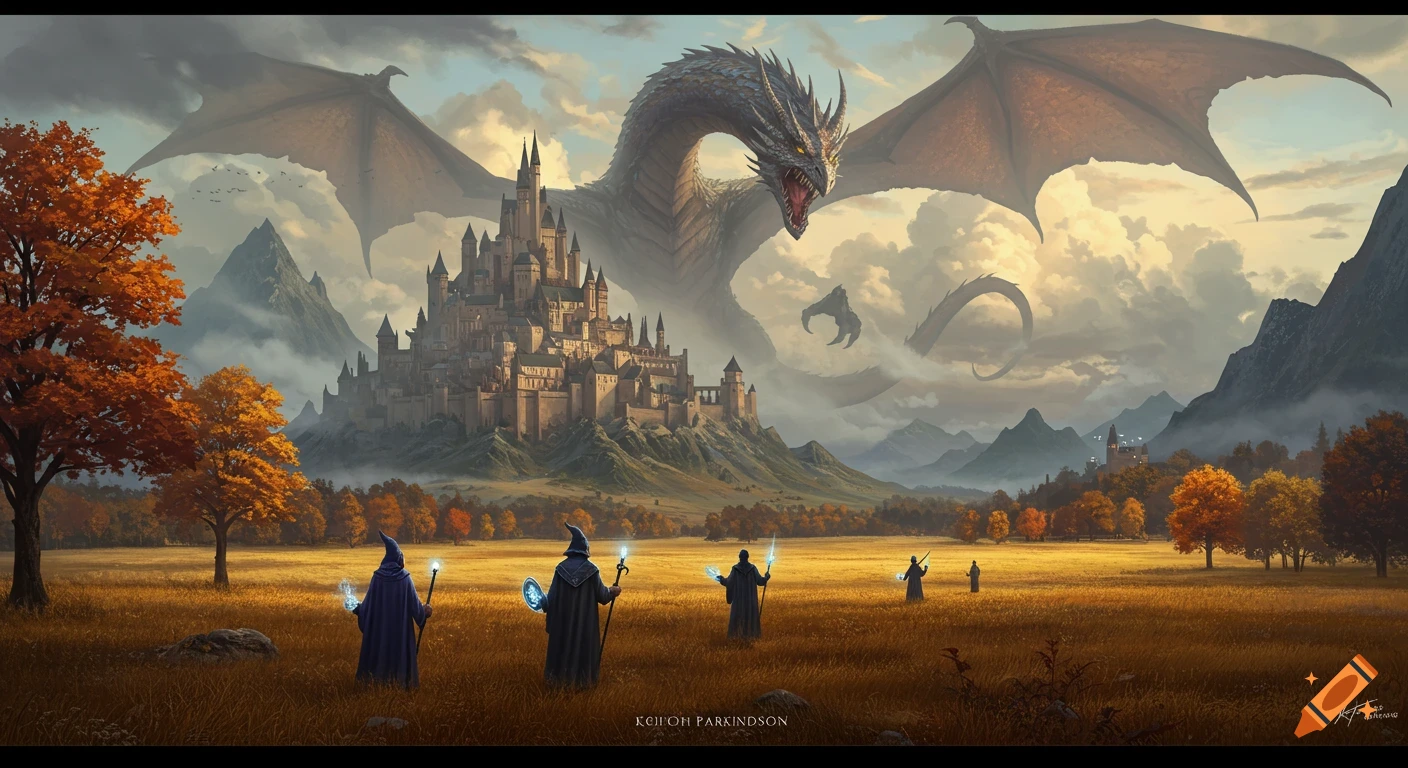 A massive dragon looms over a medieval castle and a vast autumn field where wizards stand, under a cloudy sky.