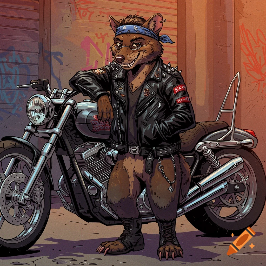 An anthropomorphic quoll in a biker jacket with a bandana and glasses leans on a motorcycle in a cartoon style.