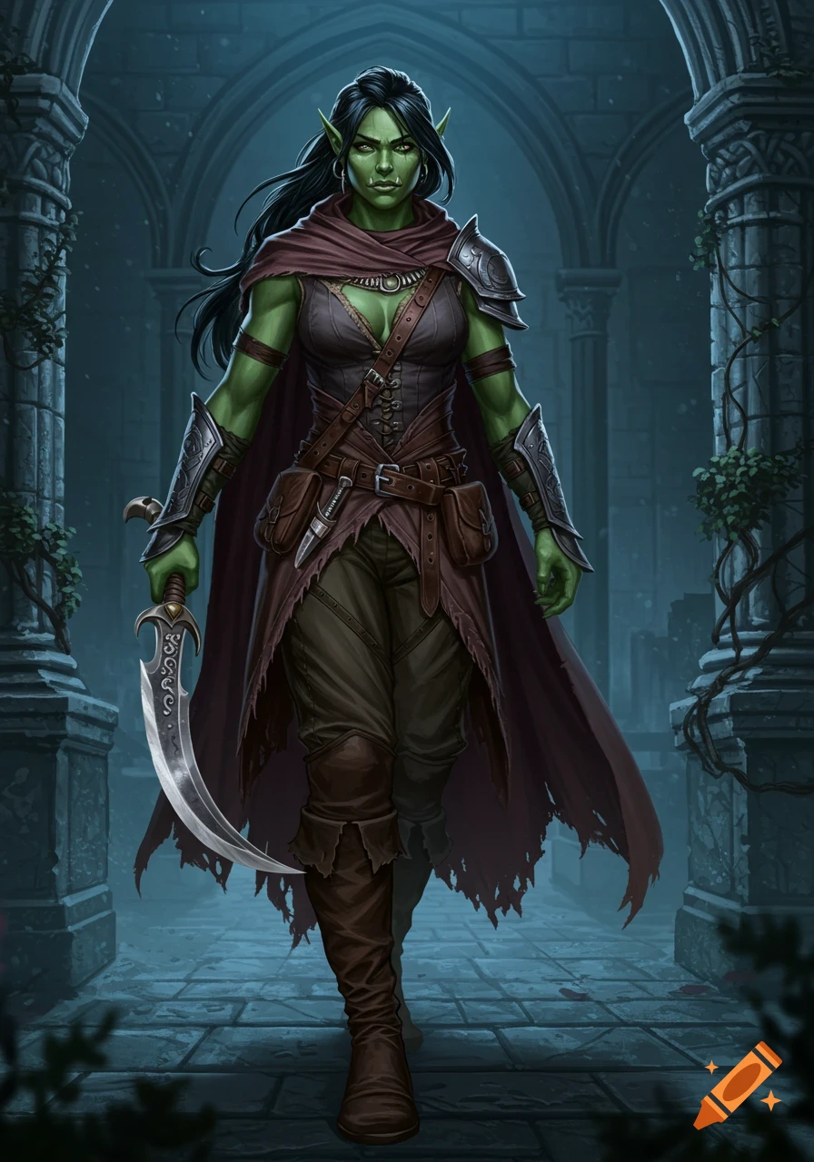 A female half-orc rogue in leather armor holds a scimitar, standing in a dark, arched stone hallway. Fantasy art style.