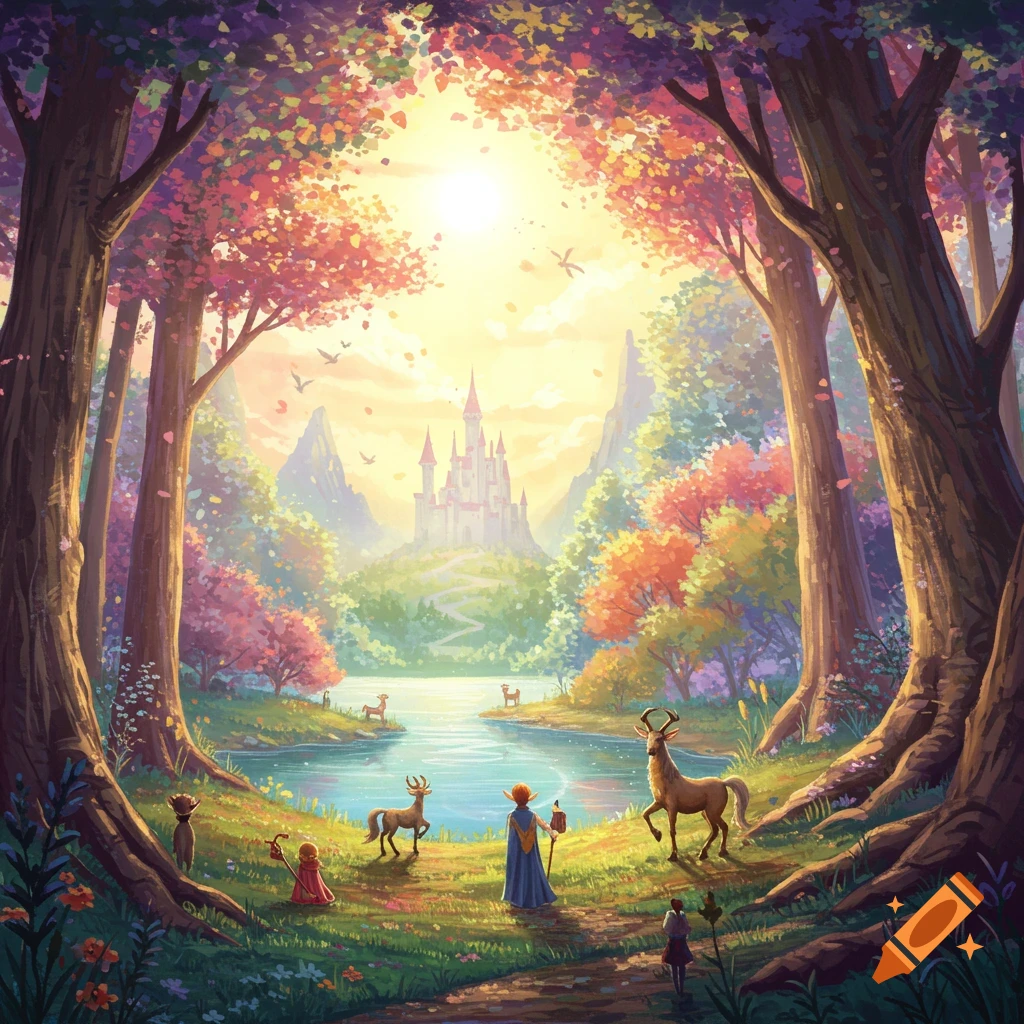 Vibrant fantasy forest with a lake, ancient trees framing a distant fairytale castle under a bright sky, with elf-like figures and deer.