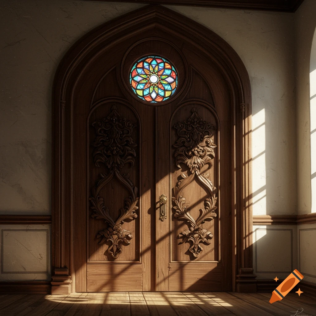 An ornate dark wood door with intricate carvings and a colorful circular stained glass window, illuminated by sunlight streaming onto a wooden floor.