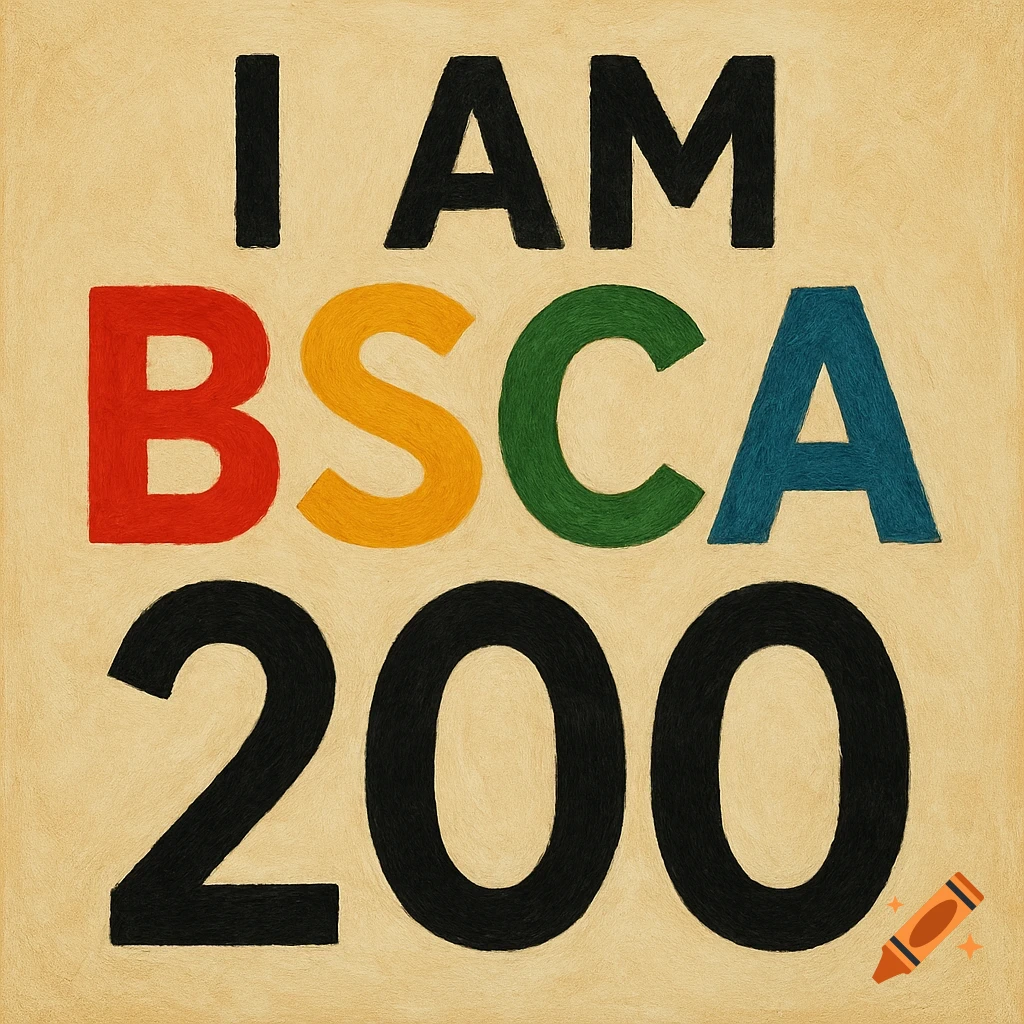 The text 'I AM BSCA 200' on a light background. 'BSCA' is in red, yellow, green, and blue, while 'I AM 200' is black.