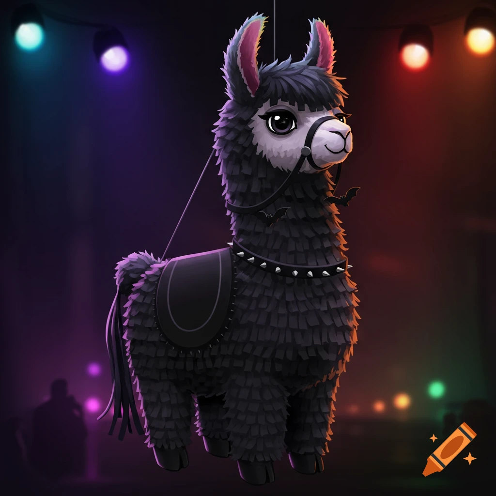 Dark gray goth llama piñata with a spiked collar and bat harness, hanging in a dimly lit room with colorful stage lights.