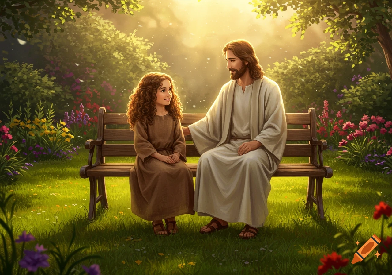 Jesus and a young girl sit on a wooden bench in a lush, sunlit garden with colorful flowers, in an illustrative style.