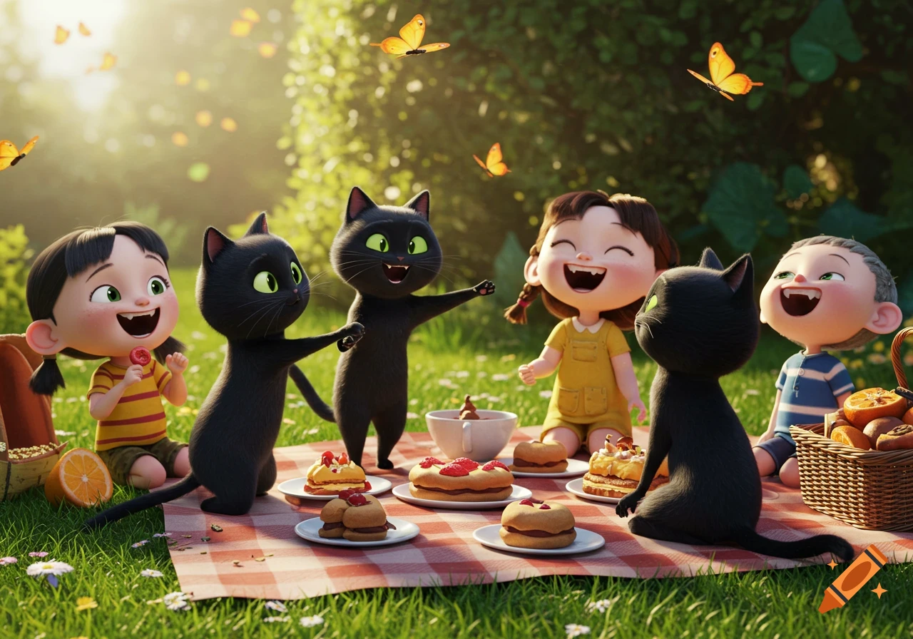 A group of happy cartoon children and black cats having a picnic on green grass with desserts and butterflies.