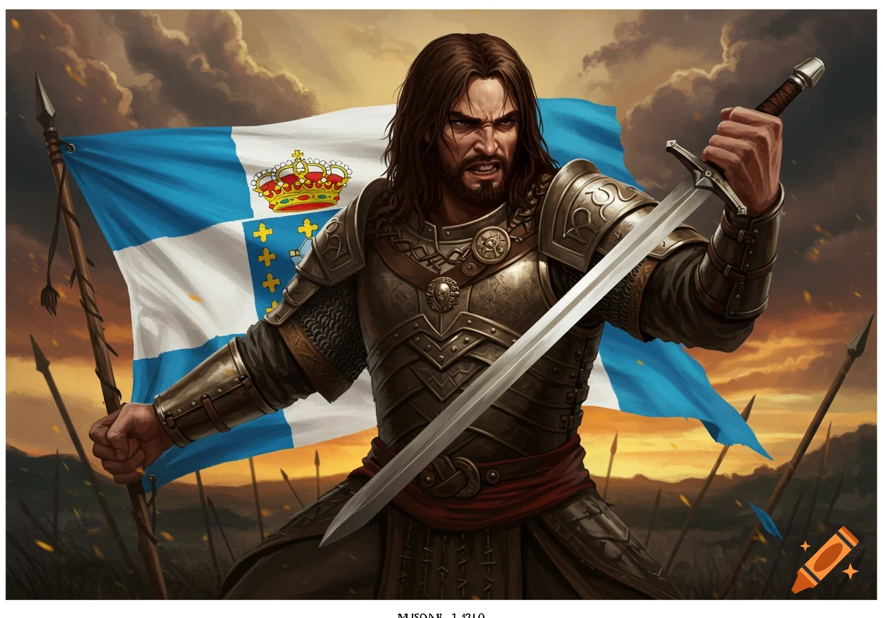 A fierce warrior in ornate armor holds a sword, standing before a billowing Galician flag on a battlefield at sunset.