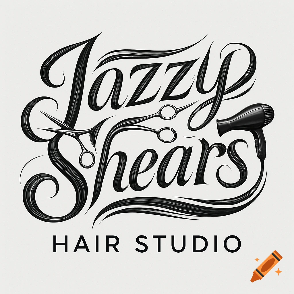 Black and white hair salon logo with text 'Jazzy Shears' stylized as hair strands, along with scissors and a blow dryer, and 'HAIR STUDIO' below.