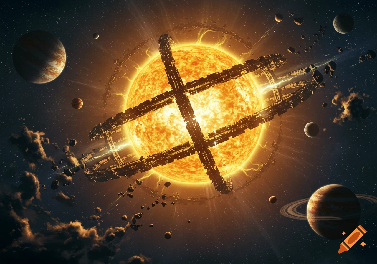 A bright star with a massive Dyson sphere orbiting it, surrounded by several planets in deep space.