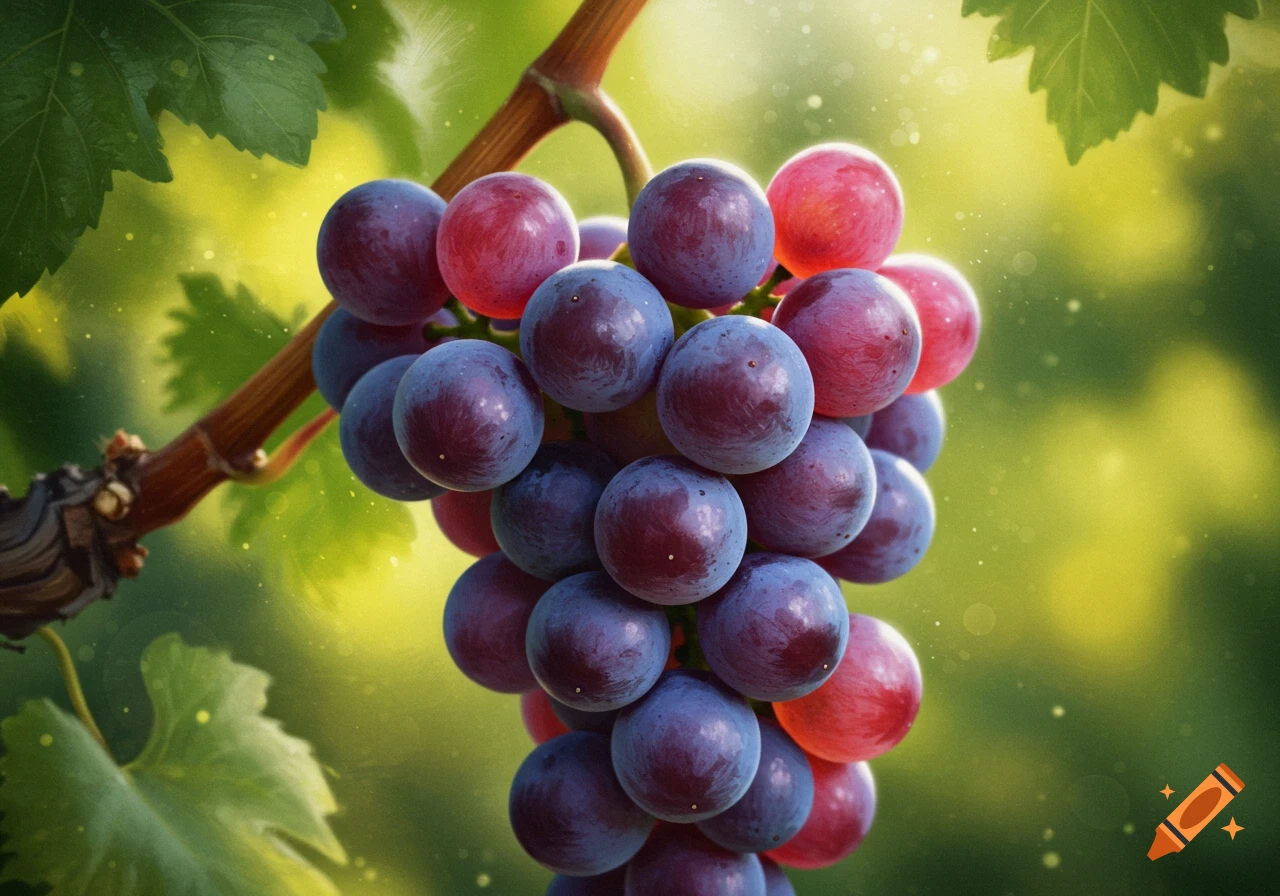 A close-up of a cluster of purple and red grapes hanging from a vine with green leaves, set against a blurry, sunlit vineyard background.