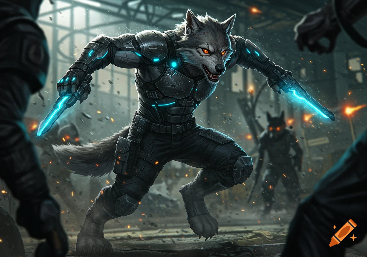 Anthropomorphic wolf in dark tactical gear with glowing blue accents, wielding two glowing knives in dynamic combat amidst debris.