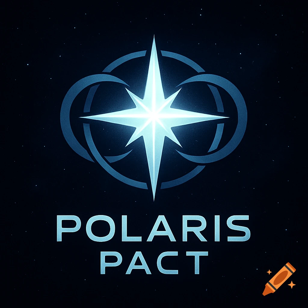 Sleek blue and white logo with a bright stylized North Star and interlocking rings on a cosmic background, text 'POLARIS PACT' below.