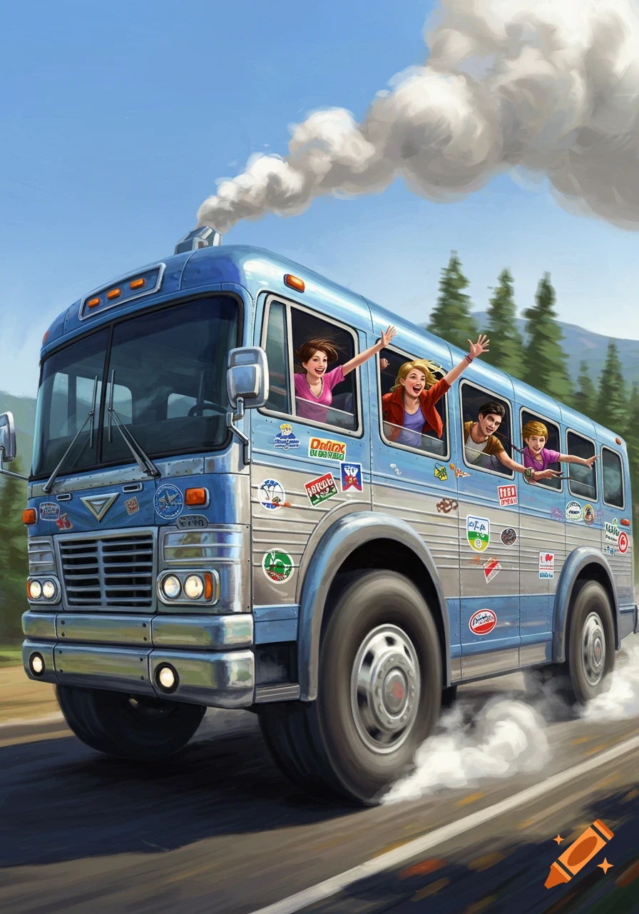 An illustration of a blue vintage tour bus driving down a road with four young people waving out the windows.