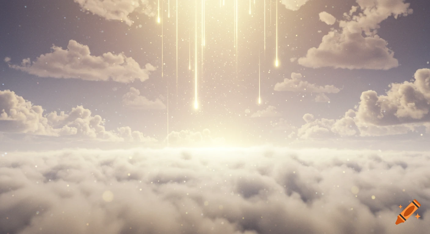 Ethereal sky view above clouds with golden light rays descending, a peaceful and divine atmosphere.