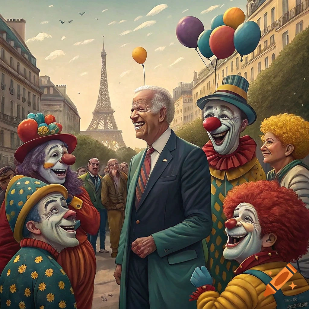 Smiling Joe Biden surrounded by laughing clowns on a Paris street with the Eiffel Tower in the background, in an illustrative style.