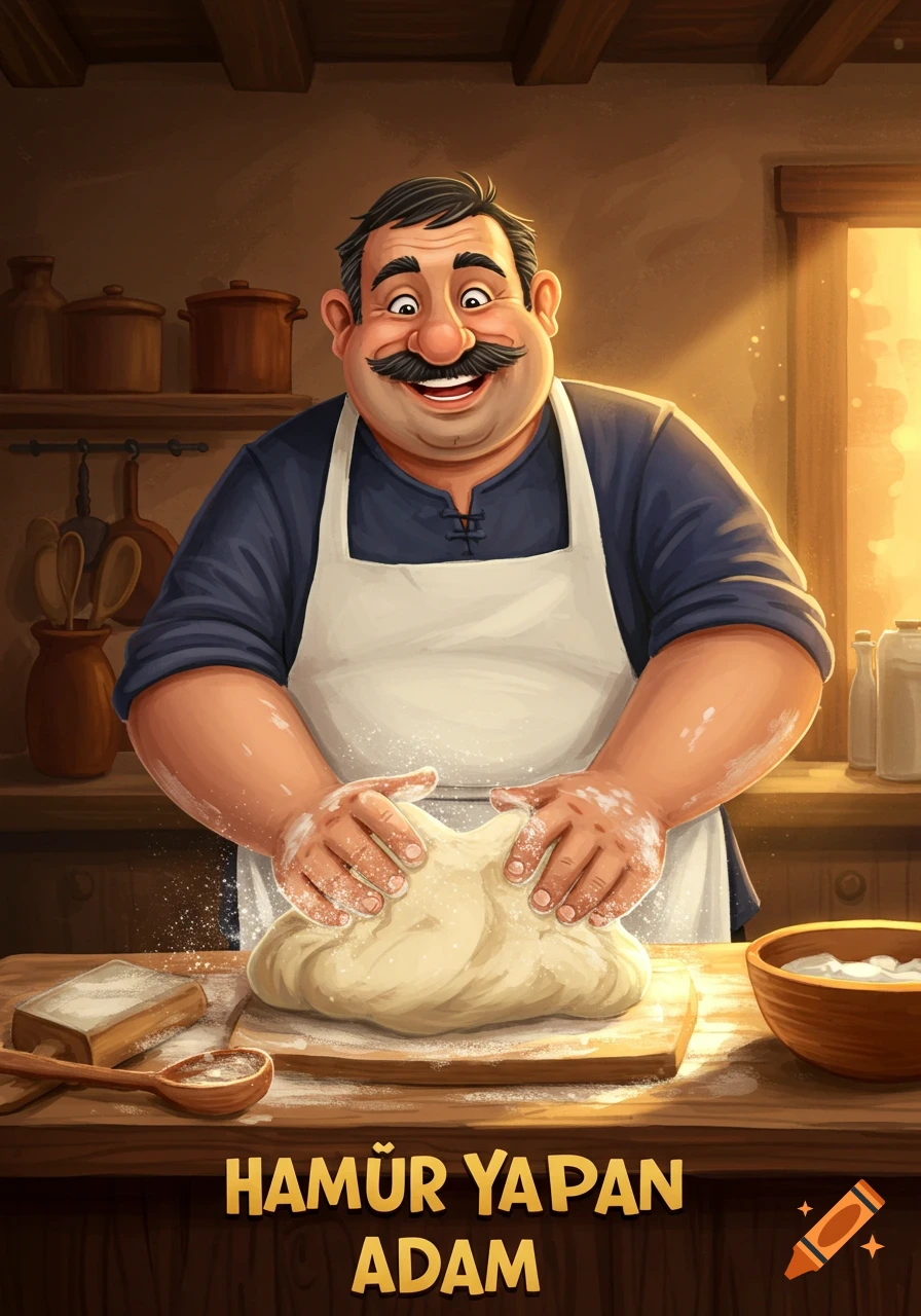A smiling, cartoon man with a mustache and an apron kneads dough on a wooden table in a warm kitchen.