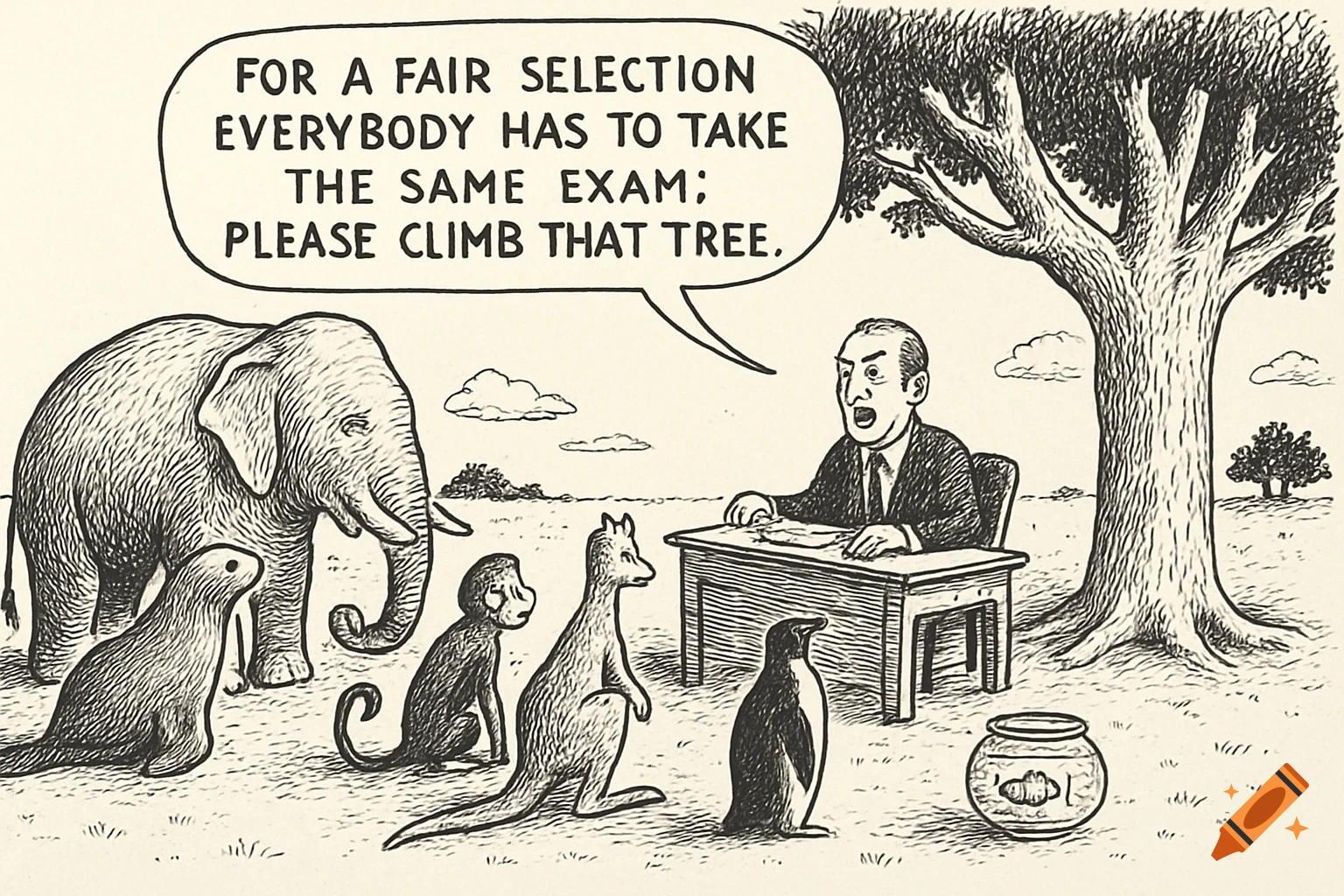 A black and white cartoon of a man sitting at a desk, telling an elephant, a seal, a monkey, a kangaroo, a penguin, and a goldfish in a bowl to climb a tree for an exam.
